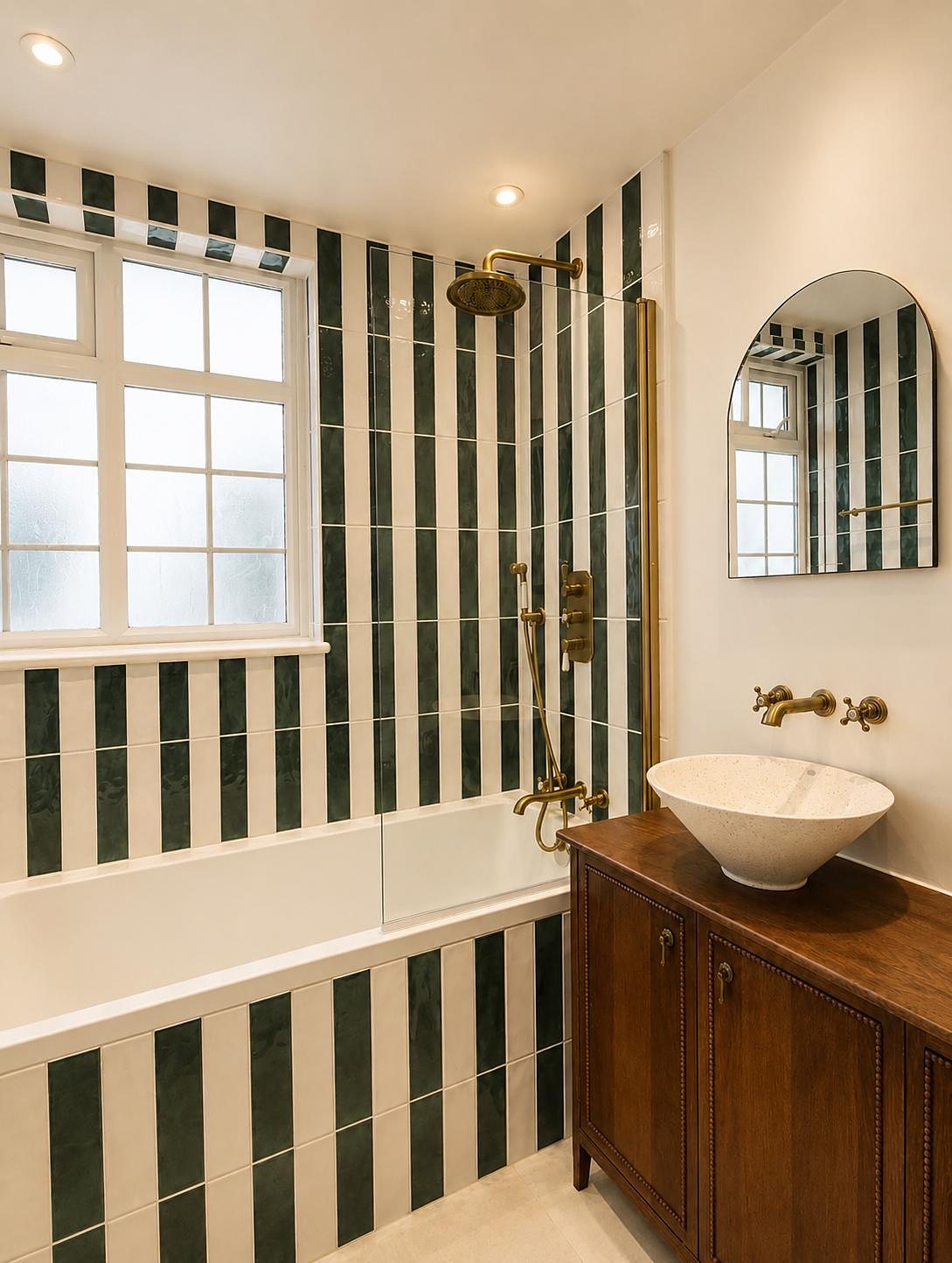 Bath with a glass screen, arched mirror and timber vanity