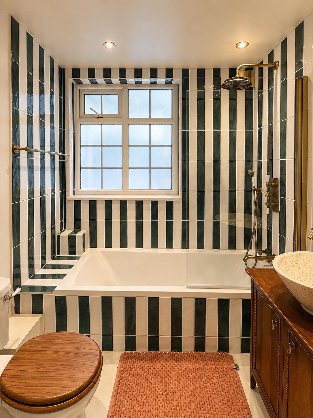 Bathroom with green and cream striped tiles around the bath and window, and a timber vanity