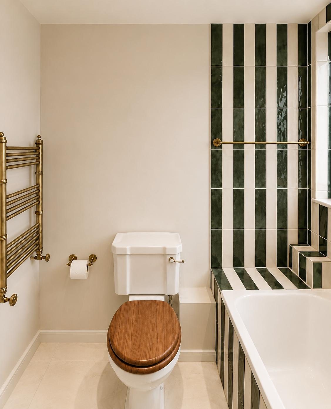 Traditional WC with a timber seat beside a brass towel radiator