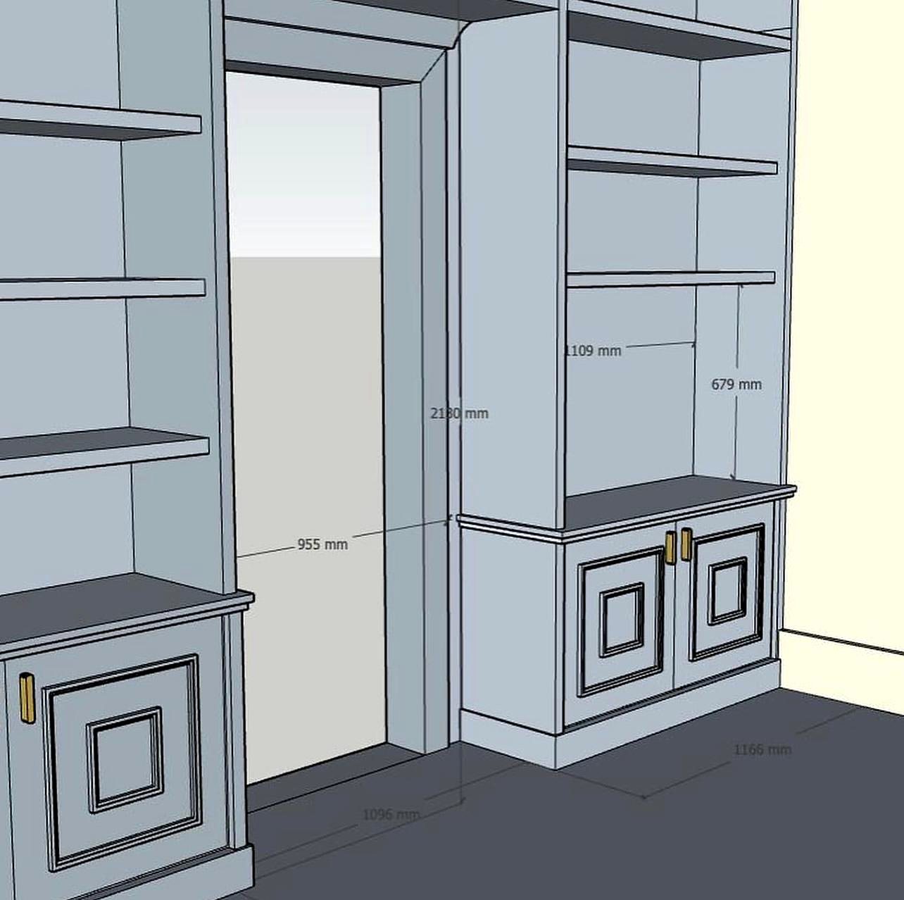3D drawing of a bookcase wall with measurements in millimetres